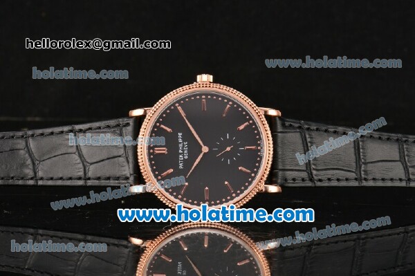 Patek Philippe Calatrava Miyota Quartz Rose Gold Case with Stick Markers and Black Dial - Click Image to Close